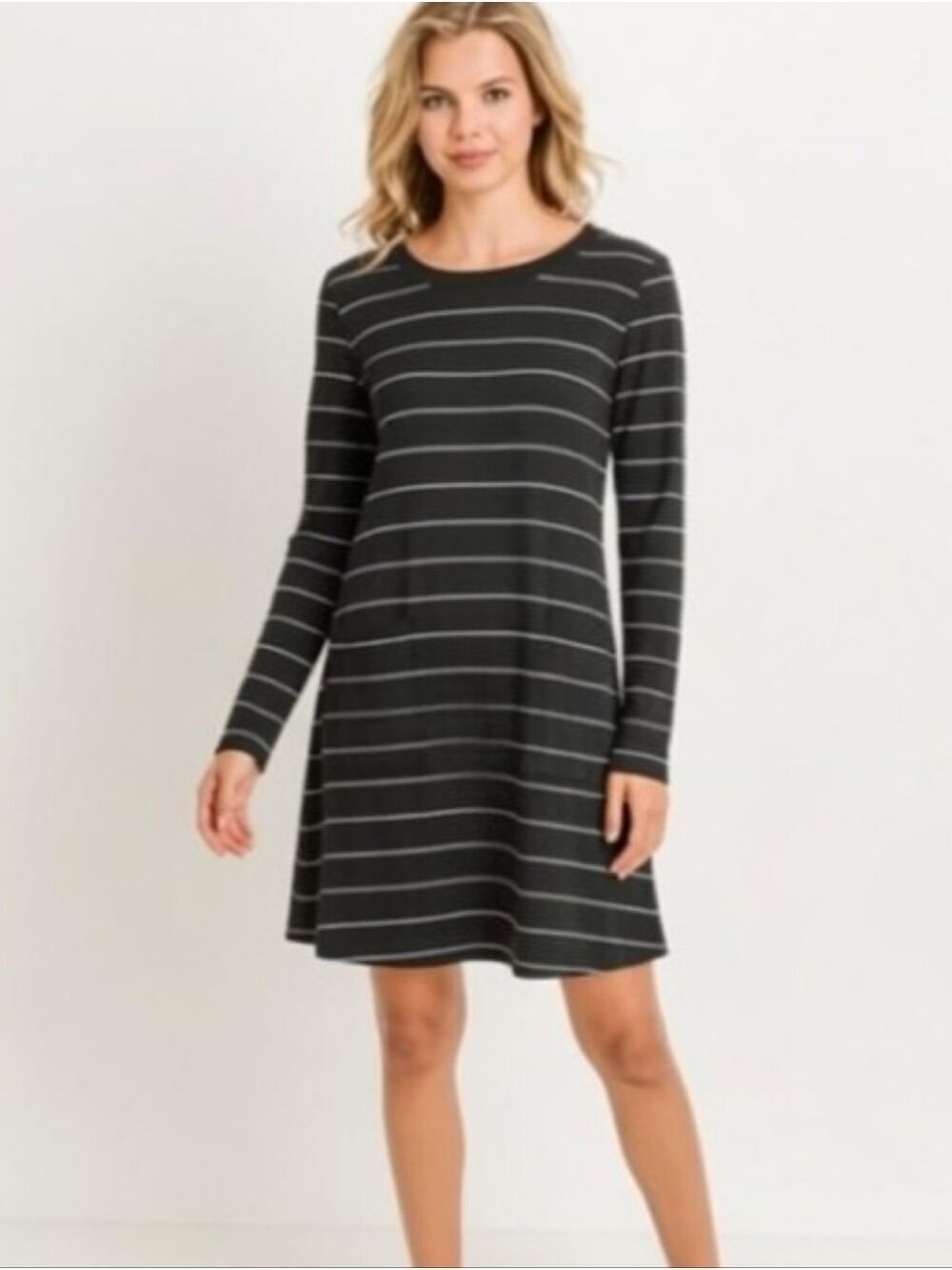 Lou & Grey Striped Long-Sleeve Charcoal Gray Soft Jersey Knit Dress Size Small